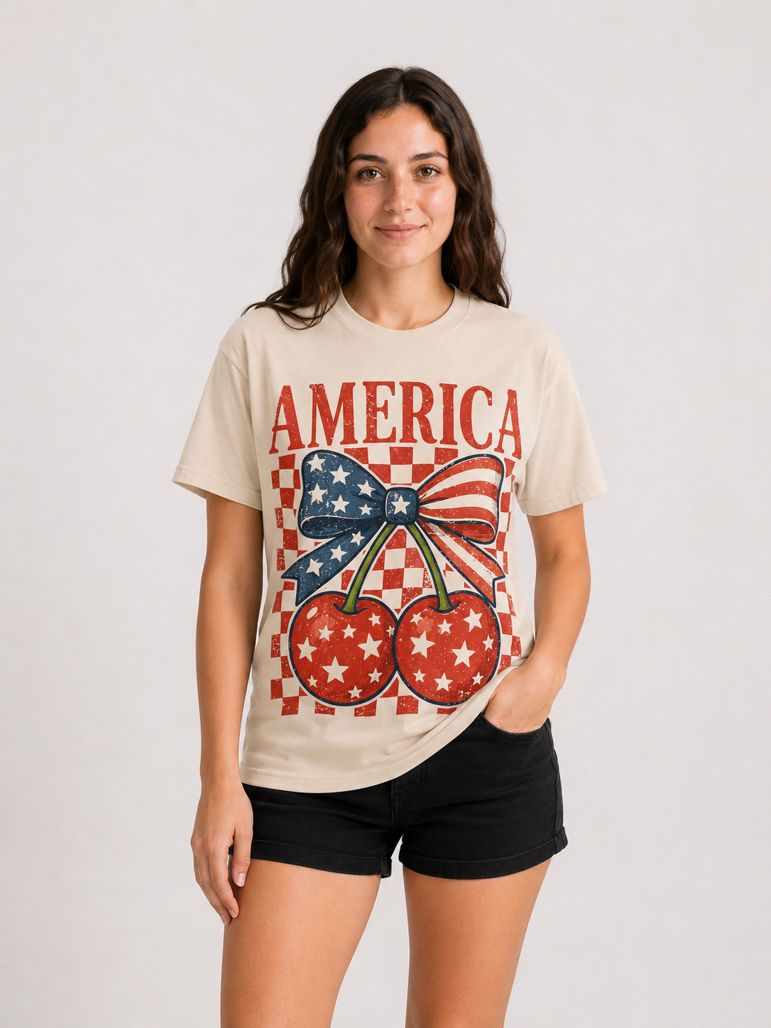 America Patriotic Cherry Bow Tee – beige