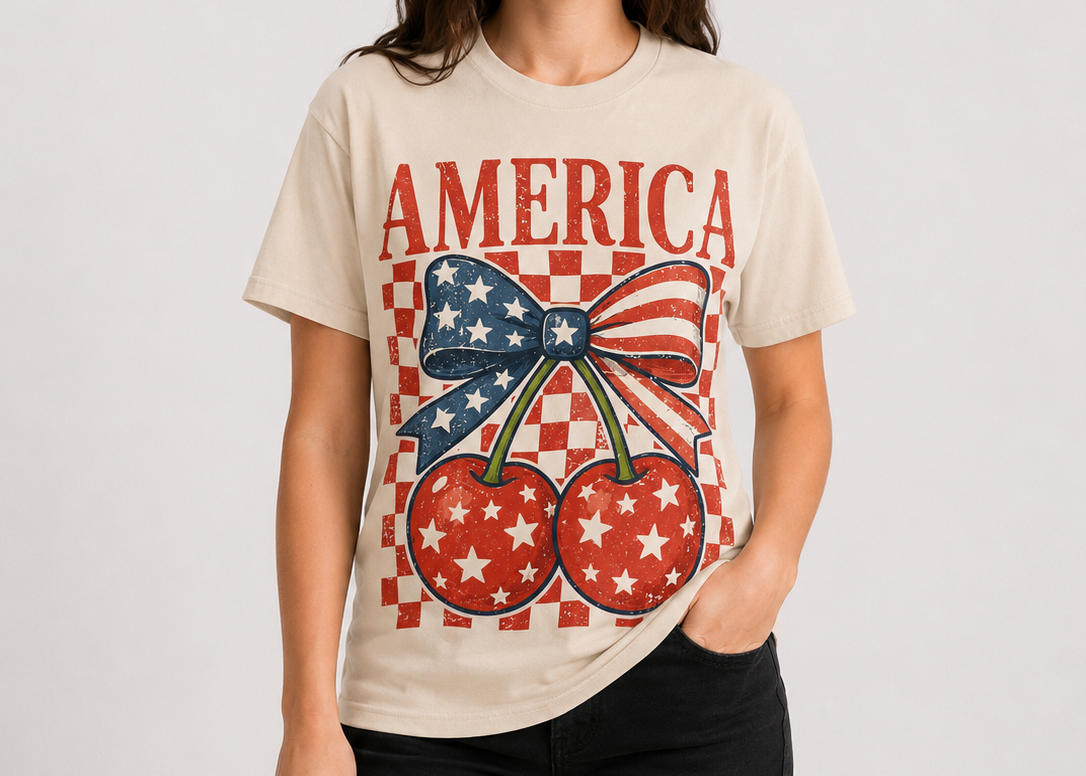 America Patriotic Cherry Bow Tee – beige