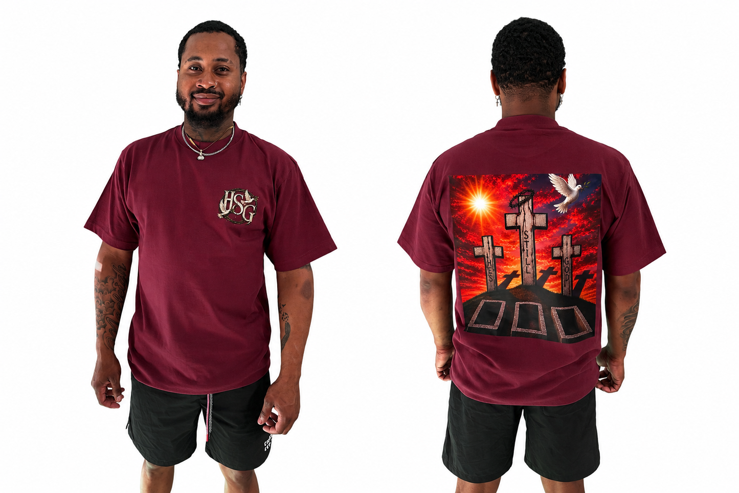 HSG “He’s Still God” Resurrection Tee – Burgundy