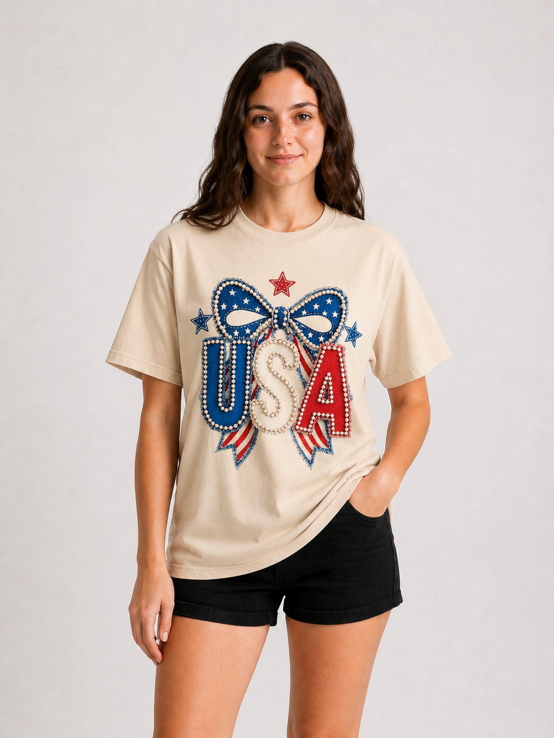 USA Pearl Bow Patriotic Tee – beige