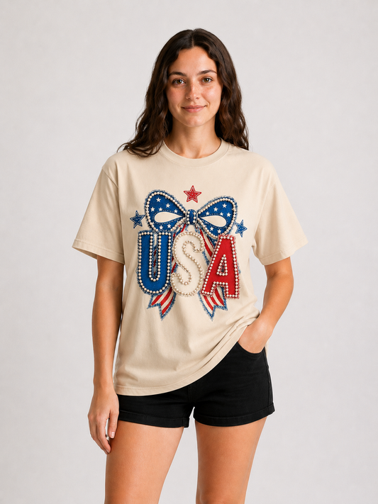 USA Pearl Bow Patriotic Tee – beige